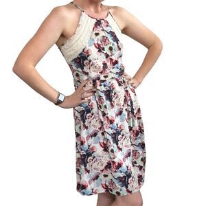 Floral Halter Lace Trim Mini Dress M